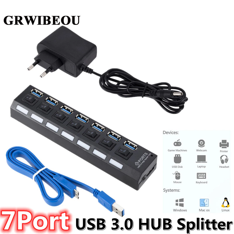 Usb Hub 7 Port - Hub USB 3.0 GRWIBEOU, rozgałęźnik USB